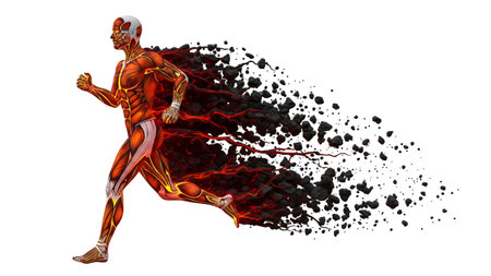 A running man showing muscles and lava, dissolving into dark rocks on a white background.