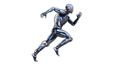 A detailed silver robot with exposed mechanical joints and red wiring is depicted in a running...の写真素材