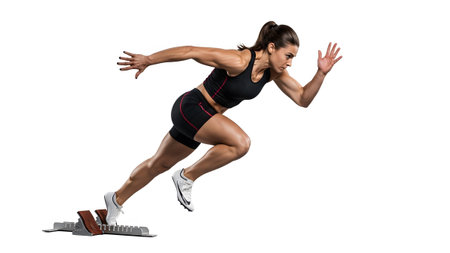 Showing woman athlete in black athletic wear powerfully bursting from starting blocks on...