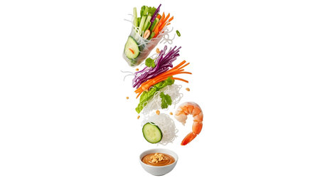 Spring roll ingredients like shrimp, noodles, and vegetables float above a bowl of peanut sauce.