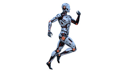 A white and red humanoid robot is shown in a running pose, conveying speed and technological...