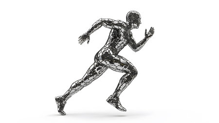 A chrome runner figure with a body composed of shattered geometric pieces, captured in motion on...