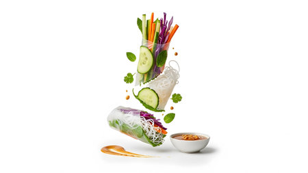 showing fresh spring rolls with vegetables and peanut sauce on white...の写真素材