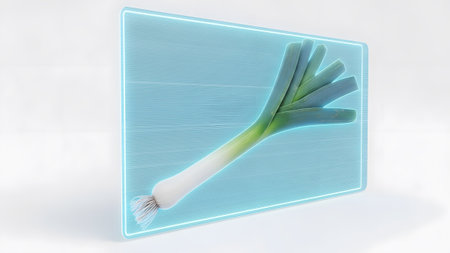 Digital showing leek vegetable displayed on a futuristic blue glowing digital screen.