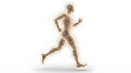Motion showing human silhouette made of glowing particles in a running pose on a white...