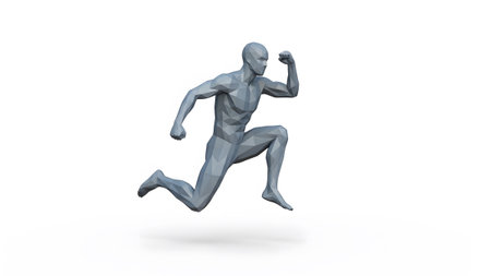 showing low poly male figure running in mid-air with arms raised and fists clenched on...
