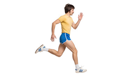 A man with a mustache wearing a yellow t-shirt and blue shorts runs dynamically, evoking a retro...