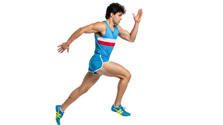 Light showing male athlete in light blue and red running outfit sprinting forward on white...の写真素材