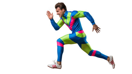 A man in a retro neon blue green and pink tracksuit runs with a determined expression on a white...