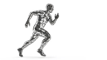 A metallic human figure in a running stride, its body made of fragmented geometric shapes, on white.の写真素材