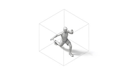showing monochromatic 3d rendering of a man running inside a wireframe cube on a white...