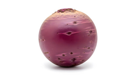 A single, round purple turnip with a textured, slightly blemished skin and a light brown leafy...