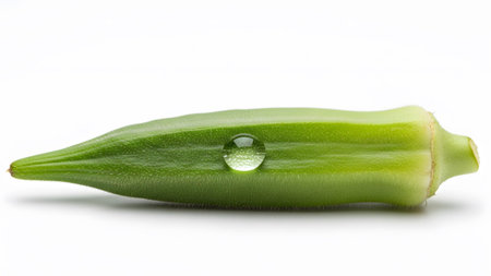 A single vibrant green okra pod with a clear water droplet resting on its surface, isolated on a...
