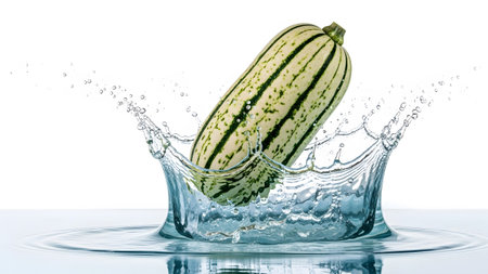A striped delicata squash plunges into clear water creating a dramatic splash with many droplets.