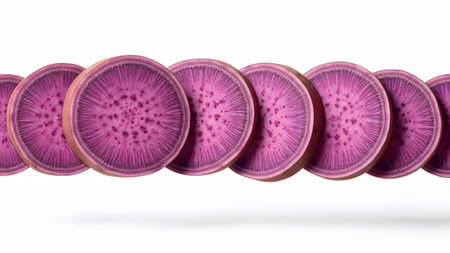 Sliced purple sweet potato rings with visible flesh texture and brown skin arranged in a line.の写真素材
