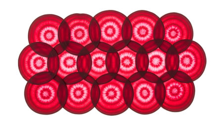 showing translucent sliced beetroot rings arranged in an overlapping pattern on white....の写真素材