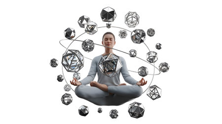 A woman meditates in a lotus pose, encircled by a dynamic arrangement of metallic, faceted...