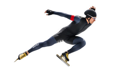 A male speed skater in a sleek black and grey suit and helmet, captured in motion with skates on...の写真素材