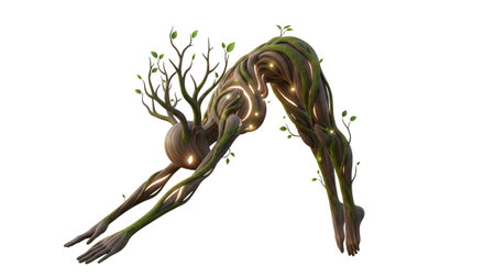 Glowing showing mystical tree person in downward dog yoga pose with glowing light and leaves....の写真素材