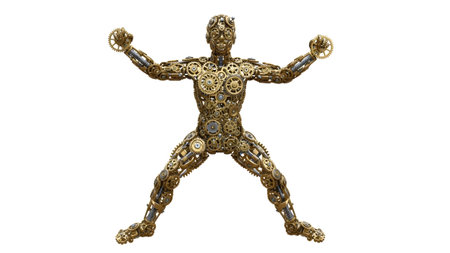 Steampunk showing steampunk humanoid figure with arms raised composed of intricate golden gears....の写真素材