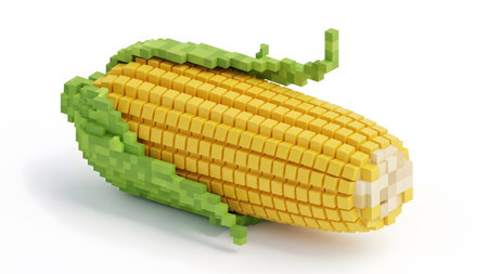 Green showing voxel corn cob with yellow kernels and green husks on a white background.