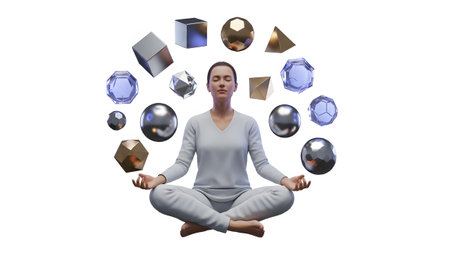 A woman in a white outfit meditates cross-legged, surrounded by a circle of metallic and...の写真素材