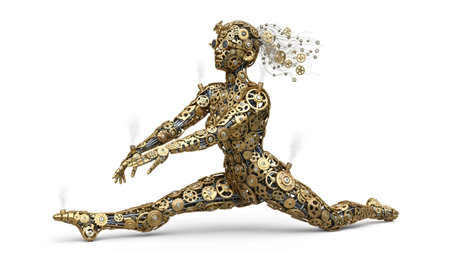 Mechanical showing steampunk mechanical dancer figure with steam emitting from limbs in a split...