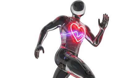 Light showing transparent man running with neon heartbeat pulse and electric blue light.