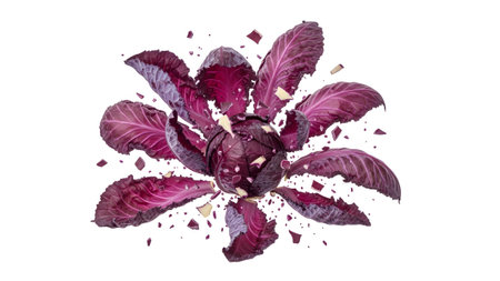Exploding showing exploding red cabbage with purple leaves and fragments on white background....の写真素材