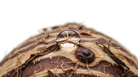 (201) showing close-up of a single water droplet resting on the textured surface of a brown taro...