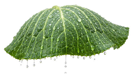 A vibrant green cabbage leaf is covered in numerous water droplets, with some dripping off the...