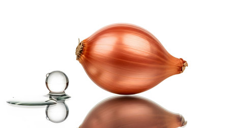 Large showing elongated onion with a large water droplet and reflection on a white background....の写真素材