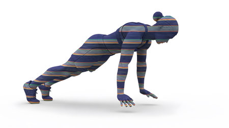 A woman in a plank position a vibrant horizontal striped pattern across her body on white.