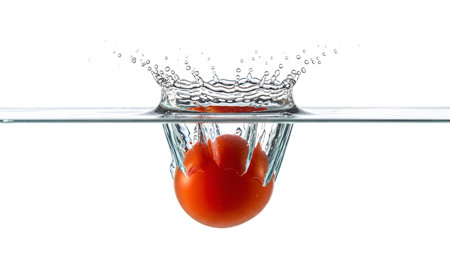 Water showing red tomato dropping into water creating splash on white background.の写真素材