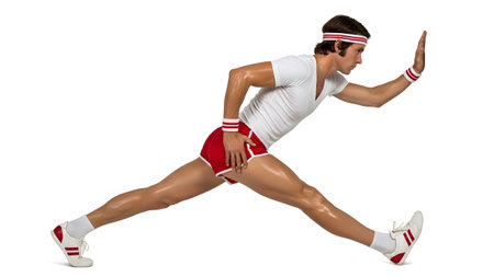 Pushed showing man in 1980s fitness attire performing a split stretch with hands pushed forward....
