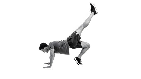 A man in athletic wear performs a crab walk with his right leg extended upwards against a white...