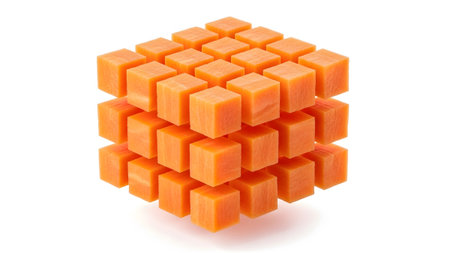 A precise cube shape is constructed from many stacked orange carrot cubes, presented on a white...