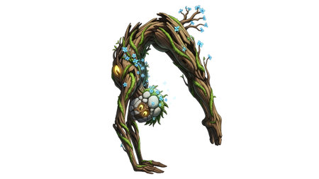 Glowing showing fantasy tree creature in gymnastic pose with blue flowers and glowing eyes.