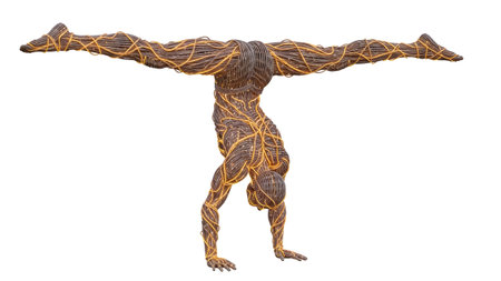 Glowing showing humanoid figure sculpture made of woven and glowing orange lights in handstand...