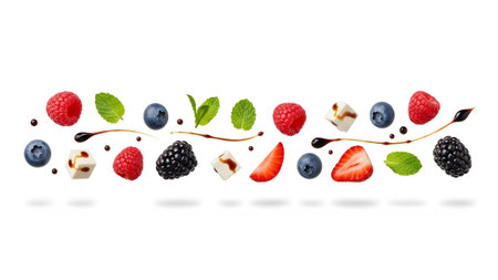 A horizontal arrangement of fresh berries, mint leaves, cheese cubes, and balsamic drizzle.の写真素材