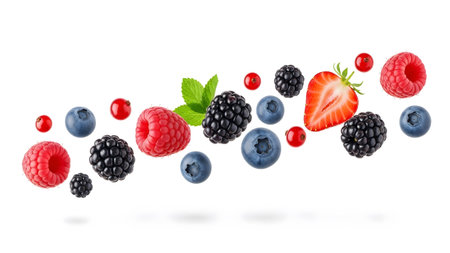 showing assortment of fresh berries including strawberries blueberries raspberries and...の写真素材