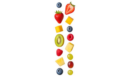 showing assorted fresh fruits and berries falling and arranged vertically on a white...
