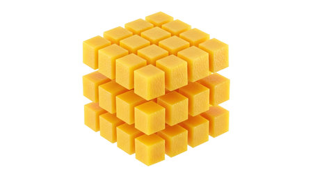 A precise cube formed from 30 uniform yellow blocks arranged in a 3x3x3 grid with one central...