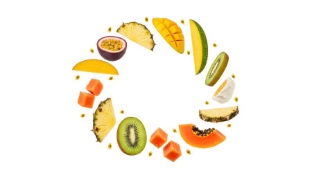 A colorful assortment of tropical fruit slices and cubes arranged in a circular pattern on a...