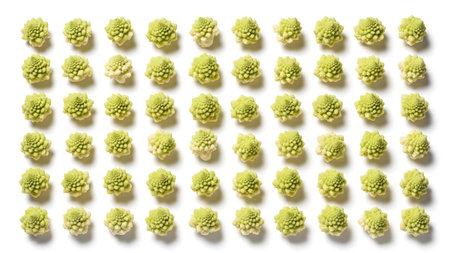 Seven showing fifty-six romanesco broccoli florets arranged in seven rows on a white background....の写真素材