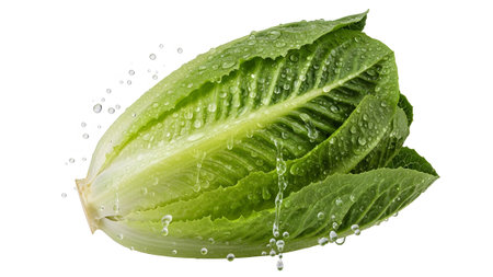 A fresh green romaine lettuce head glistens with numerous clear water droplets splashing around...の写真素材