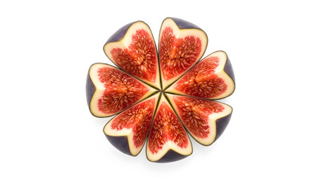A fresh fig is sliced and arranged in a flower shape on a white background, showcasing its...