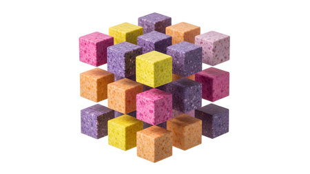 Purple showing colorful cube arrangement of pink purple and orange blocks. resolution