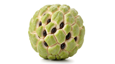 A whole custard apple with a segmented green exterior and visible dark seeds against a clean...