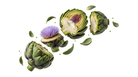 Purple showing exploded artichoke with purple flower and green leaves on white. resolution...の写真素材